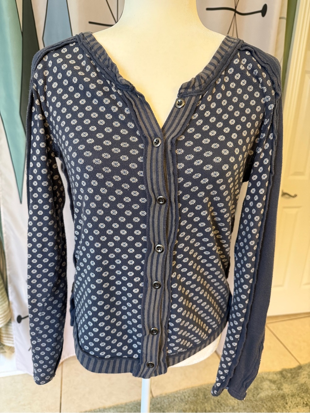 We The Free Navy Blue Patterned Button-Down Shirt.. stretchy and soft!